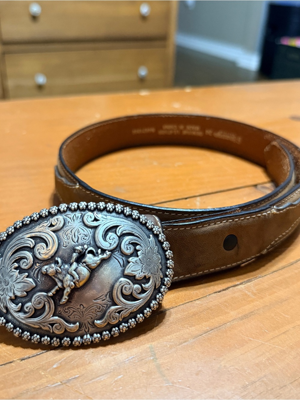 Nicona Youth Brown Leather Western Belt with Ornate Rodeo Buckle (Size 24)